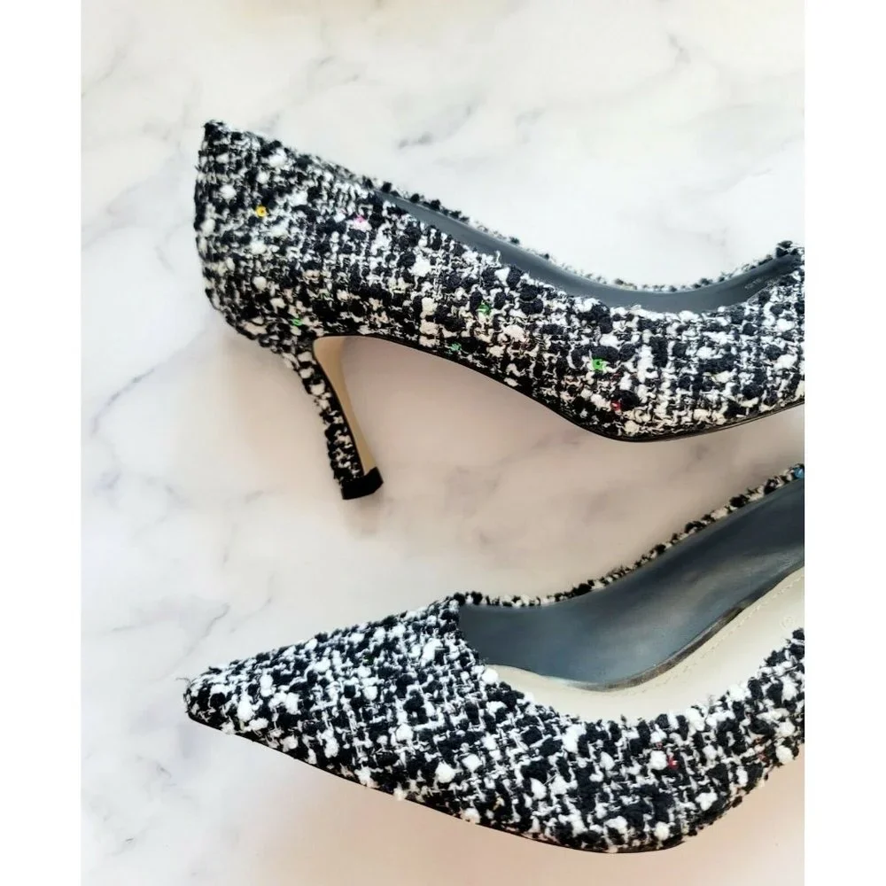 Zara Tweed Sequin Pointed Toe Black White Multicolor Slip On Shoes Heels 37 6.5_2